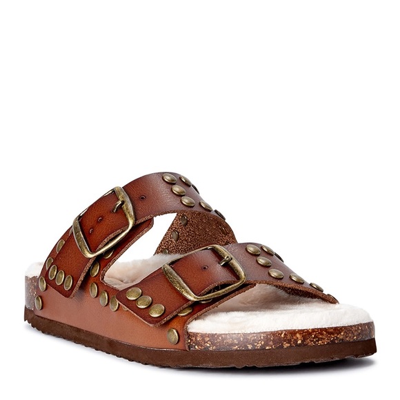 Scoop NYC Shoes - Scoop Women's Brown Studded Faux Shearling Double Strap Sandals Size 9